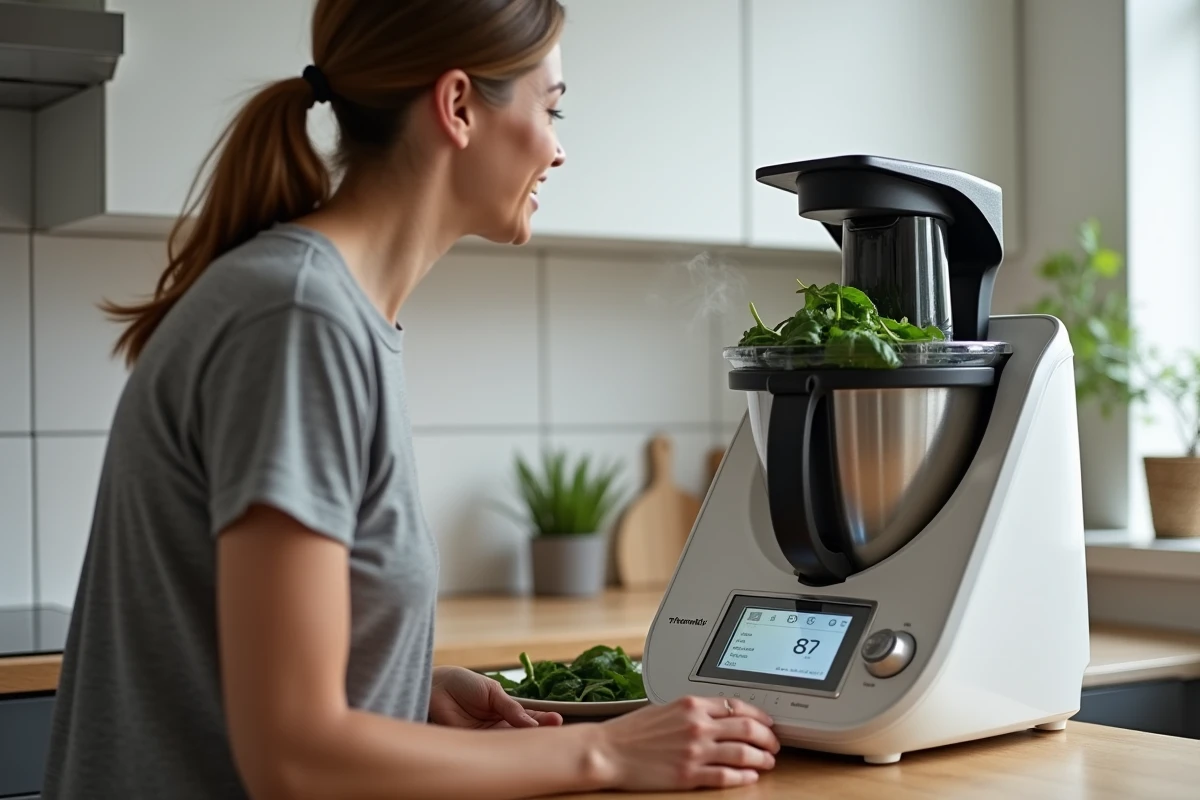 Cuisson des épinards dans un Thermomix TM6 avec affichage du temps de cuisson sur l'écran tactile