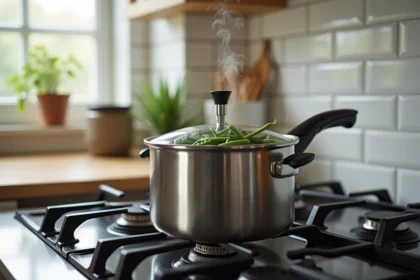 Cocotte-Minute sur feu de gaz avec haricots verts en train de cuire, vapeur s'échappant de la soupape