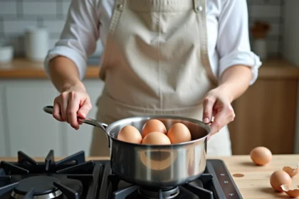 Femme plaçant des œufs de différentes tailles dans une casserole d'eau froide pour la cuisson des œufs durs