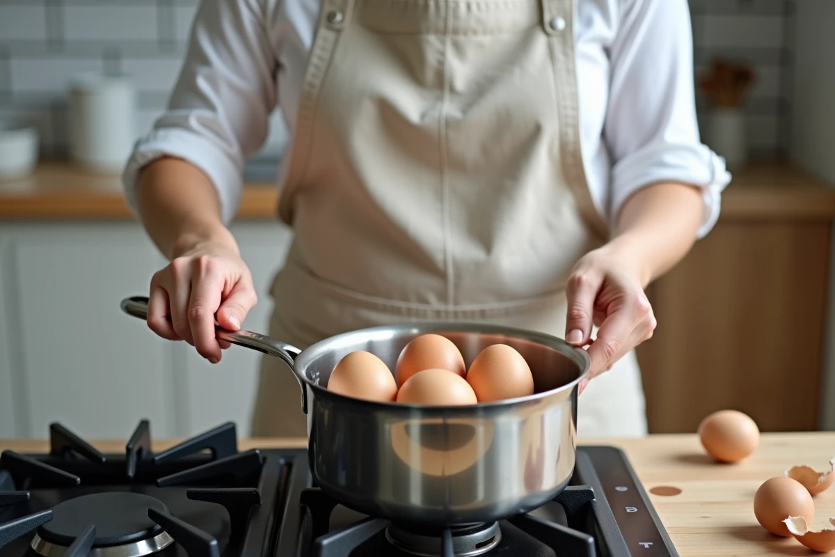 Femme plaçant des œufs de différentes tailles dans une casserole d'eau froide pour la cuisson des œufs durs