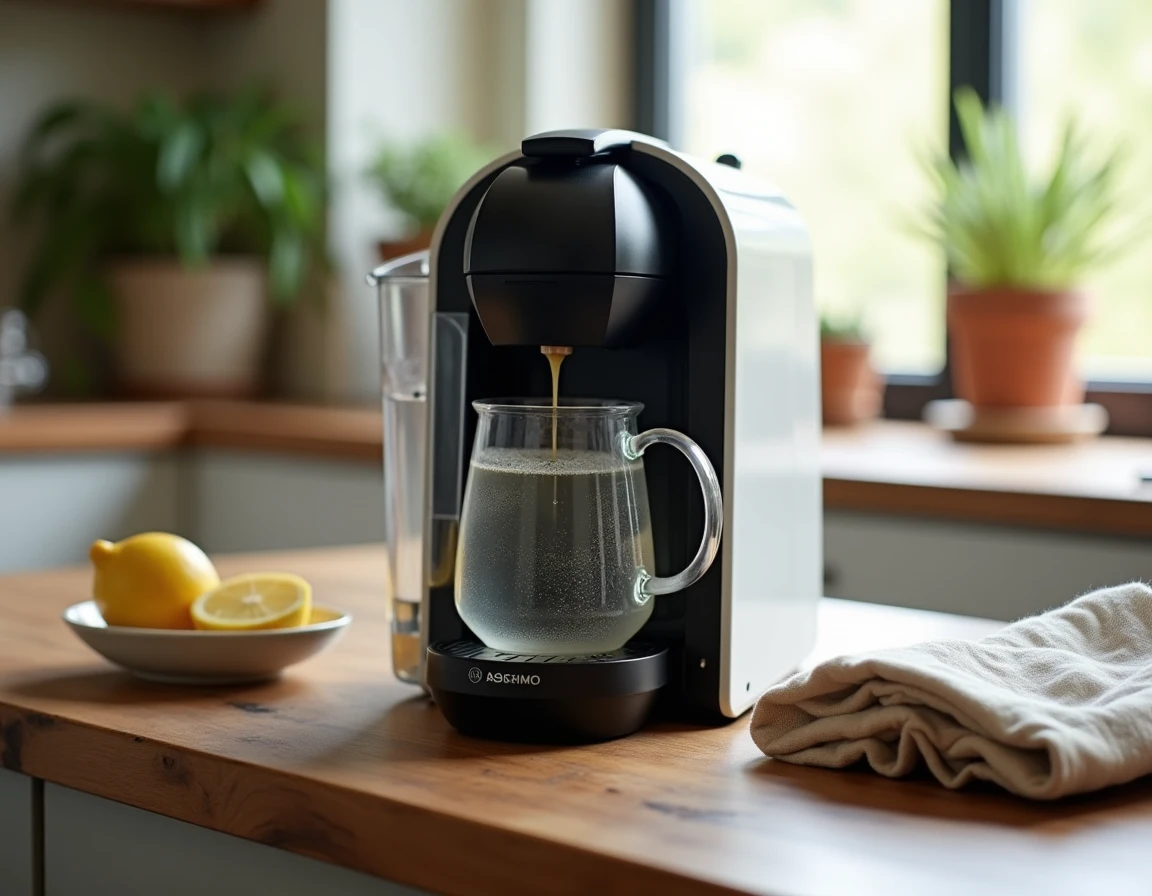 Gros plan du cycle de détartrage en cours sur une machine Tassimo Bosch avec méthode naturelle au citron