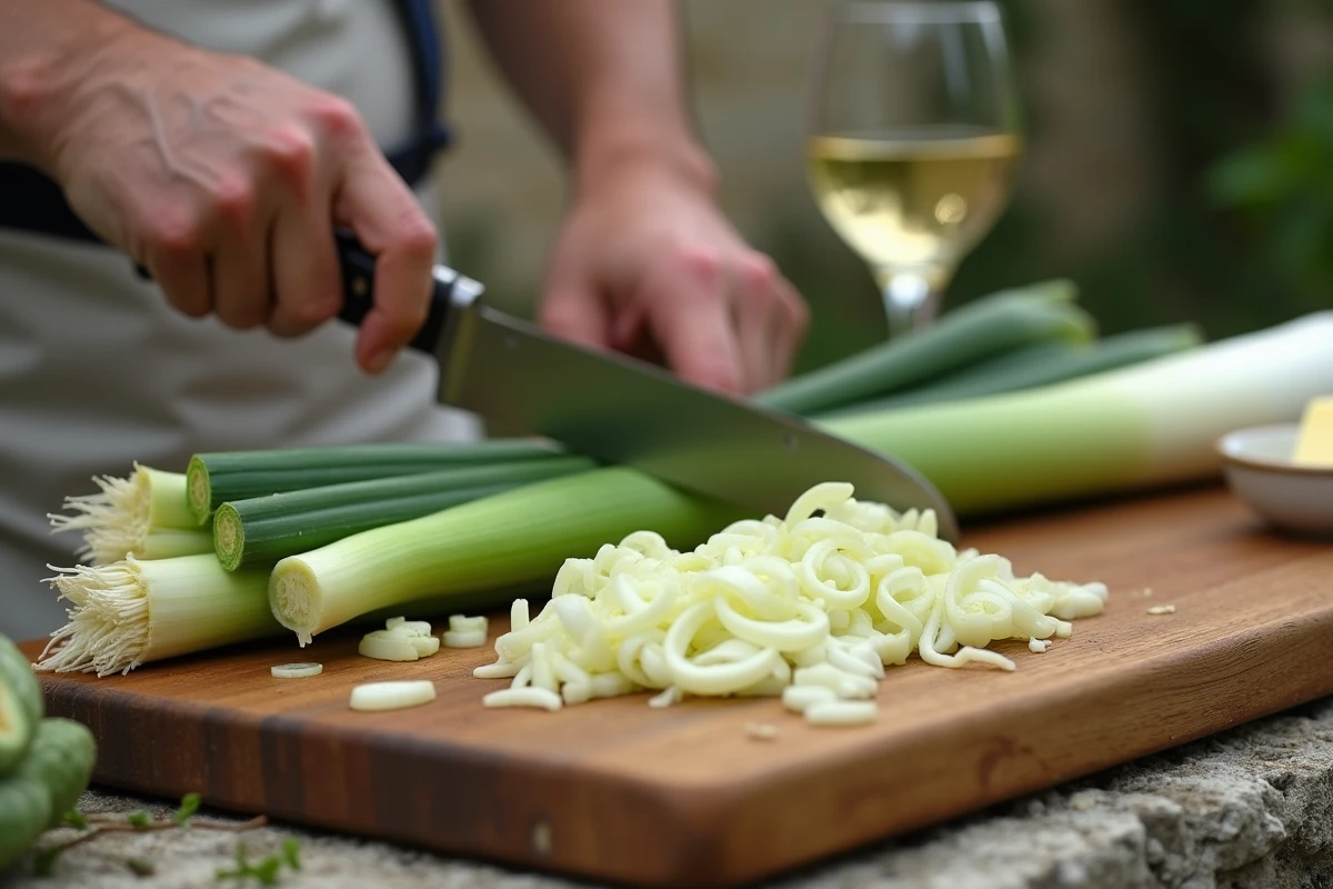 Découpe de poireaux frais sur une planche en bois dans une cuisine de ferme française