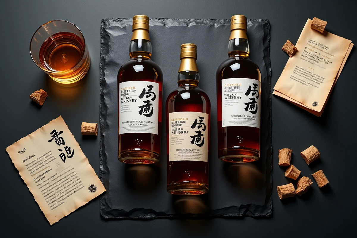 Dégustation de whisky japonais avec notes de dégustation et verre Glencairn sur ardoise