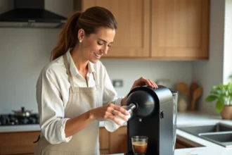 Femme versant du vinaigre blanc dans un Tassimo Bosch pour un détartrage écologique dans une cuisine moderne