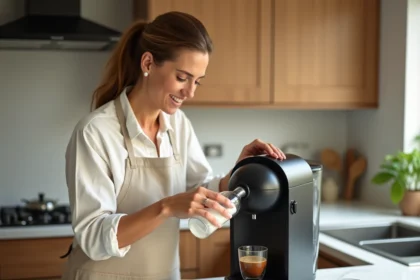 Femme versant du vinaigre blanc dans un Tassimo Bosch pour un détartrage écologique dans une cuisine moderne
