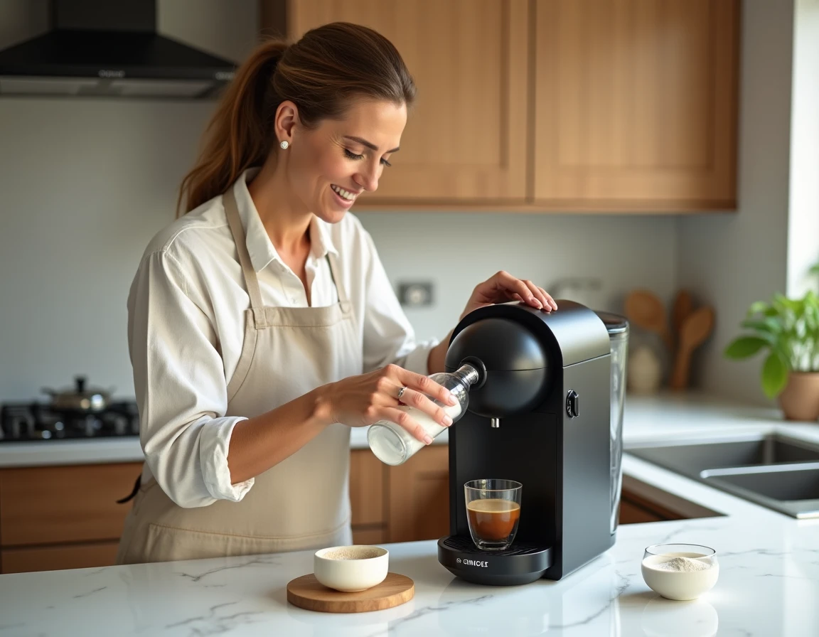 Femme versant du vinaigre blanc dans un Tassimo Bosch pour un détartrage écologique dans une cuisine moderne