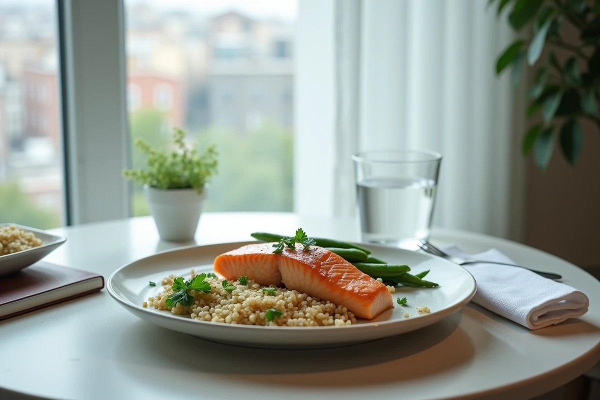 Dîner léger équilibré avec saumon vapeur quinoa et haricots verts sur table de salle à manger