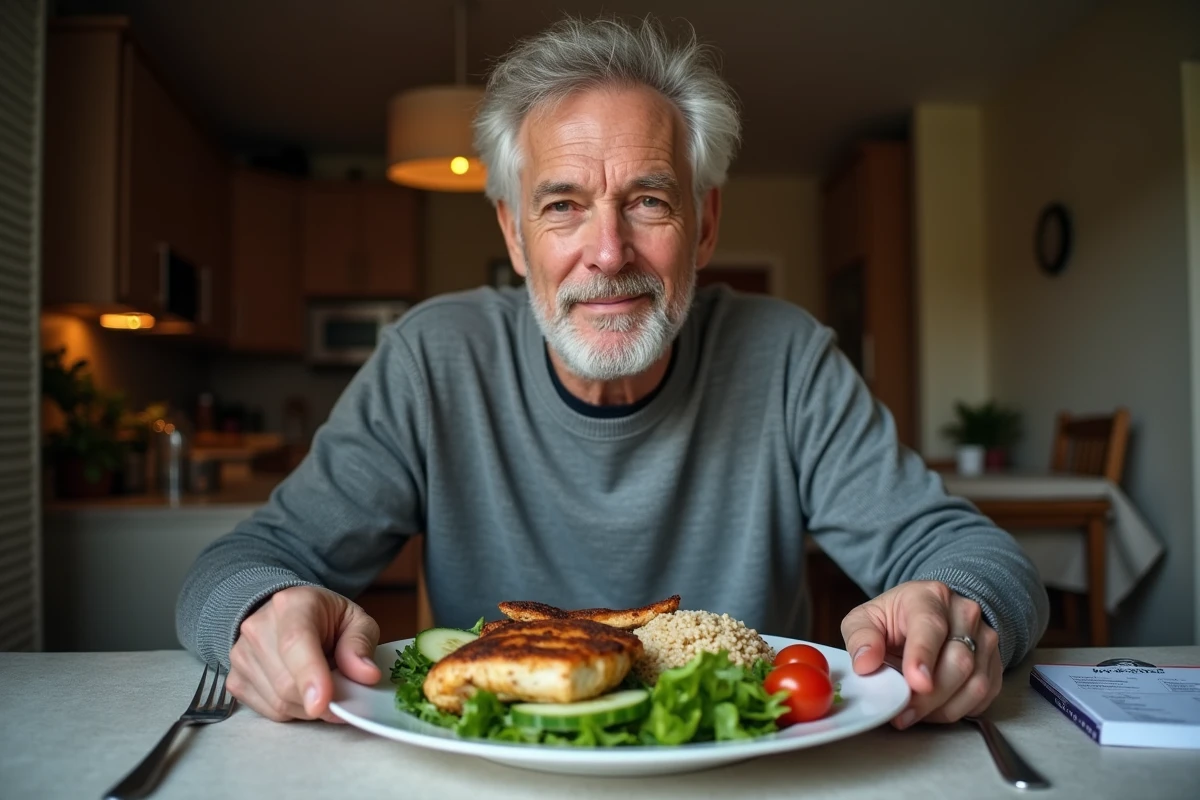 Homme senior diabétique à table pour un dîner équilibré à faible index glycémique avec poulet et légumes