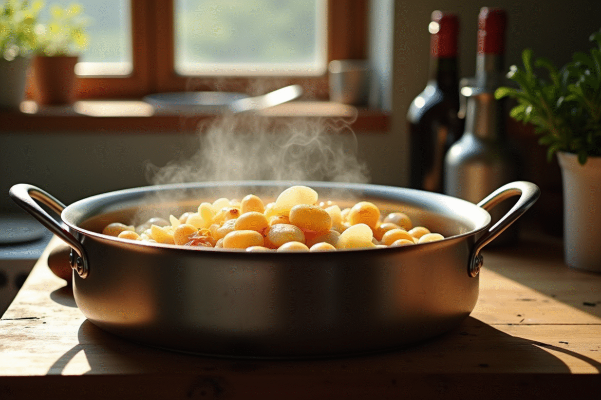 Diots de Savoie mijotant avec oignons et vin blanc dans une cuisine rustique