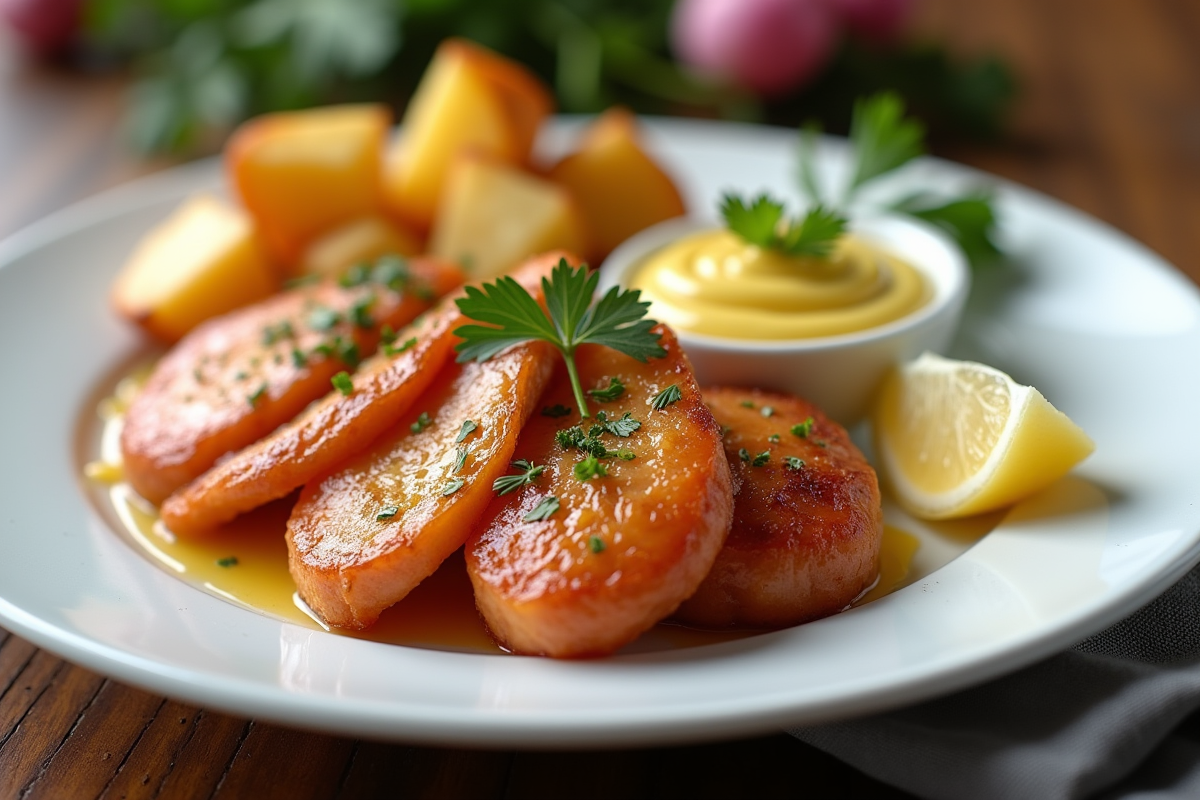 Diots de Savoie tranchés avec pommes de terre et moutarde sur une assiette blanche