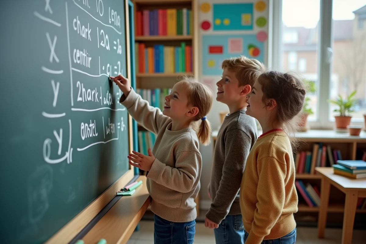 Enfants dessinant un tableau de conversion en classe