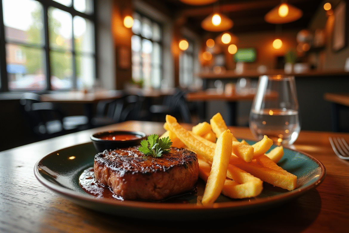 Entrecôte avec frites dorées dans un restaurant cosy de Lille