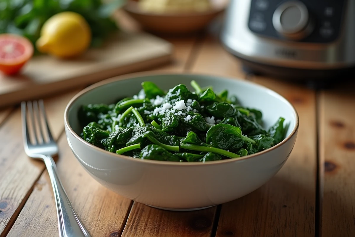Bol d'épinards cuits au Cookeo et Thermomix servis avec huile d'olive et sel sur une table en bois rustique