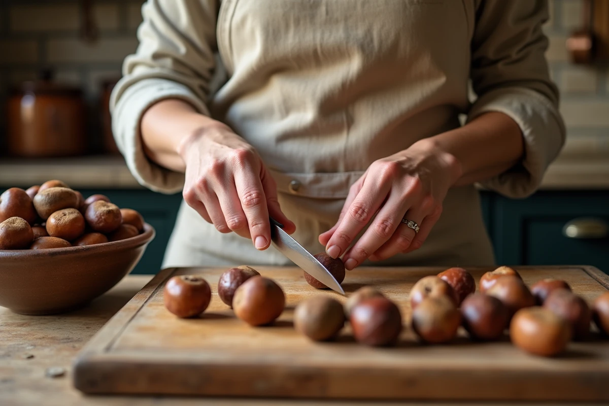 Femme épluchant des châtaignes fraîches avec un couteau dans une cuisine rustique française pour préparer de la farine maison