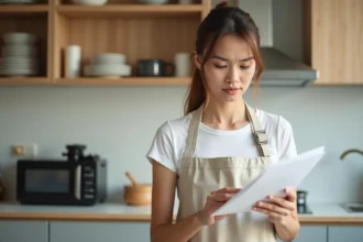 Femme consultant le manuel d'un appareil Tyko dans une cuisine moderne au style scandinave