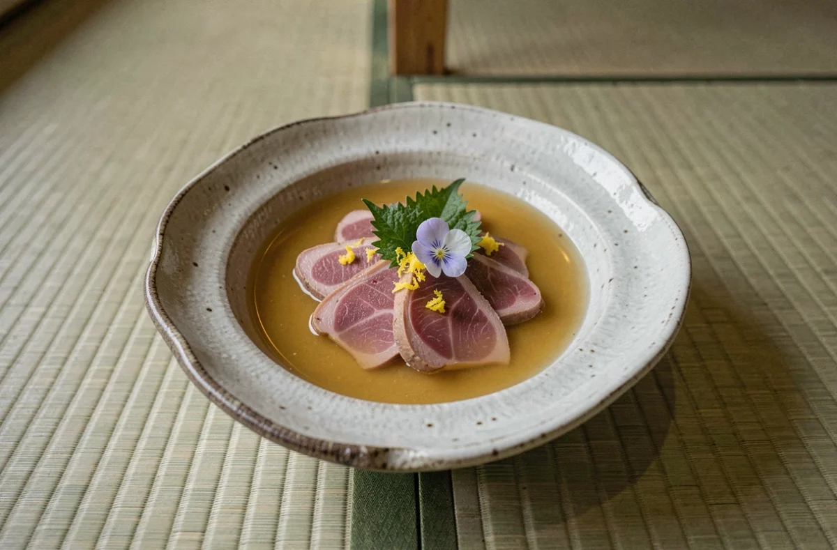 Assiette de cuisine franco-japonaise de L'Étape Dorée à Saint-Genis-Laval avec canard et dashi