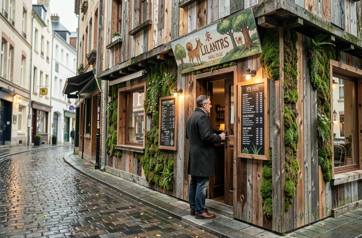 Façade originale en bois et mousse d'un restaurant insolite dans une rue pavée de Lille