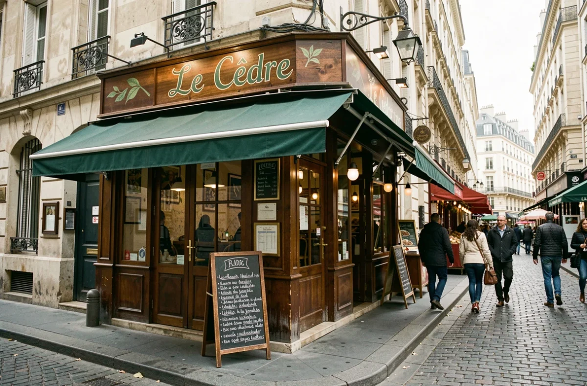 Façade du restaurant Le Cèdre sur la rue Mouffetard à Paris avec son enseigne et tableau noir de menu