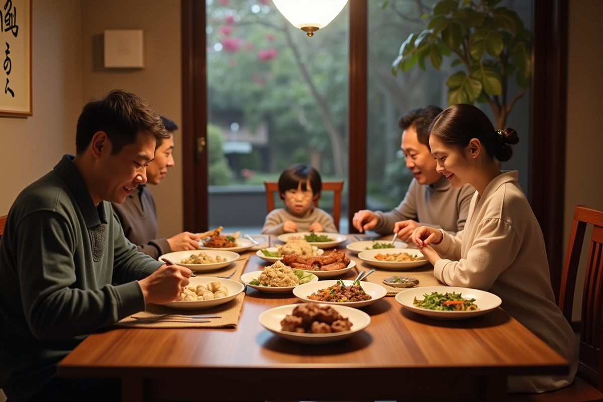 Famille dégustant un repas chinois traditionnel à la maison