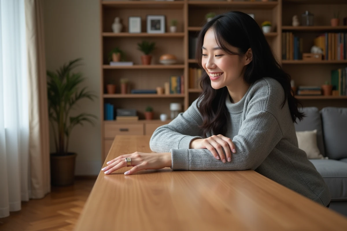 Jeune femme touchant un meuble en bois dans un salon chaleureux