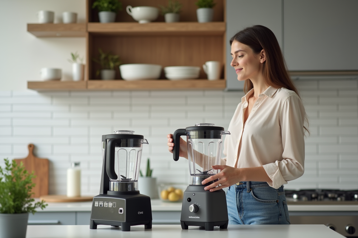 Femme comparant deux blenders dans une cuisine moderne