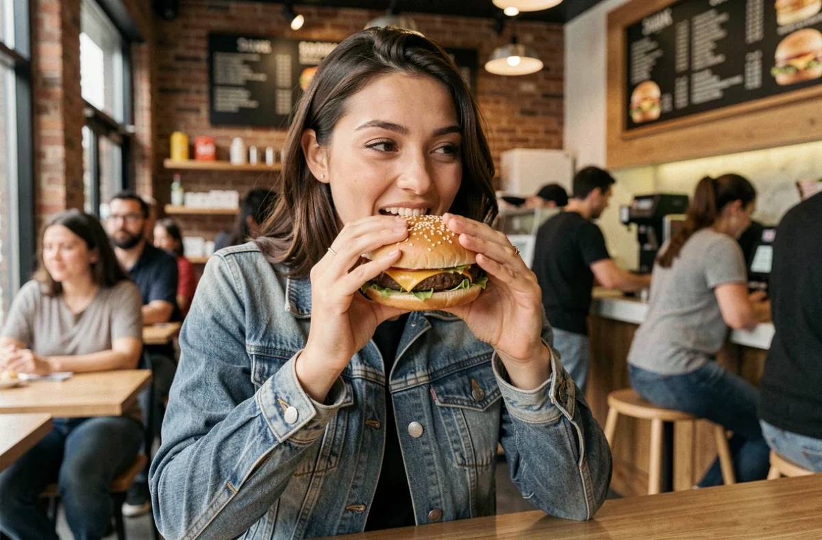 Jeune femme tenant un burger Shake Shack à pleines mains dans un restaurant américain urbain animé