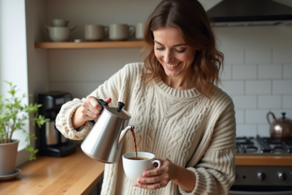 Femme versant du cafe dans une cuisine moderne