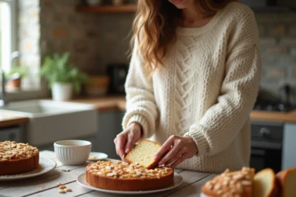 Femme coupant un gâteau aux amandes dans une cuisine chaleureuse