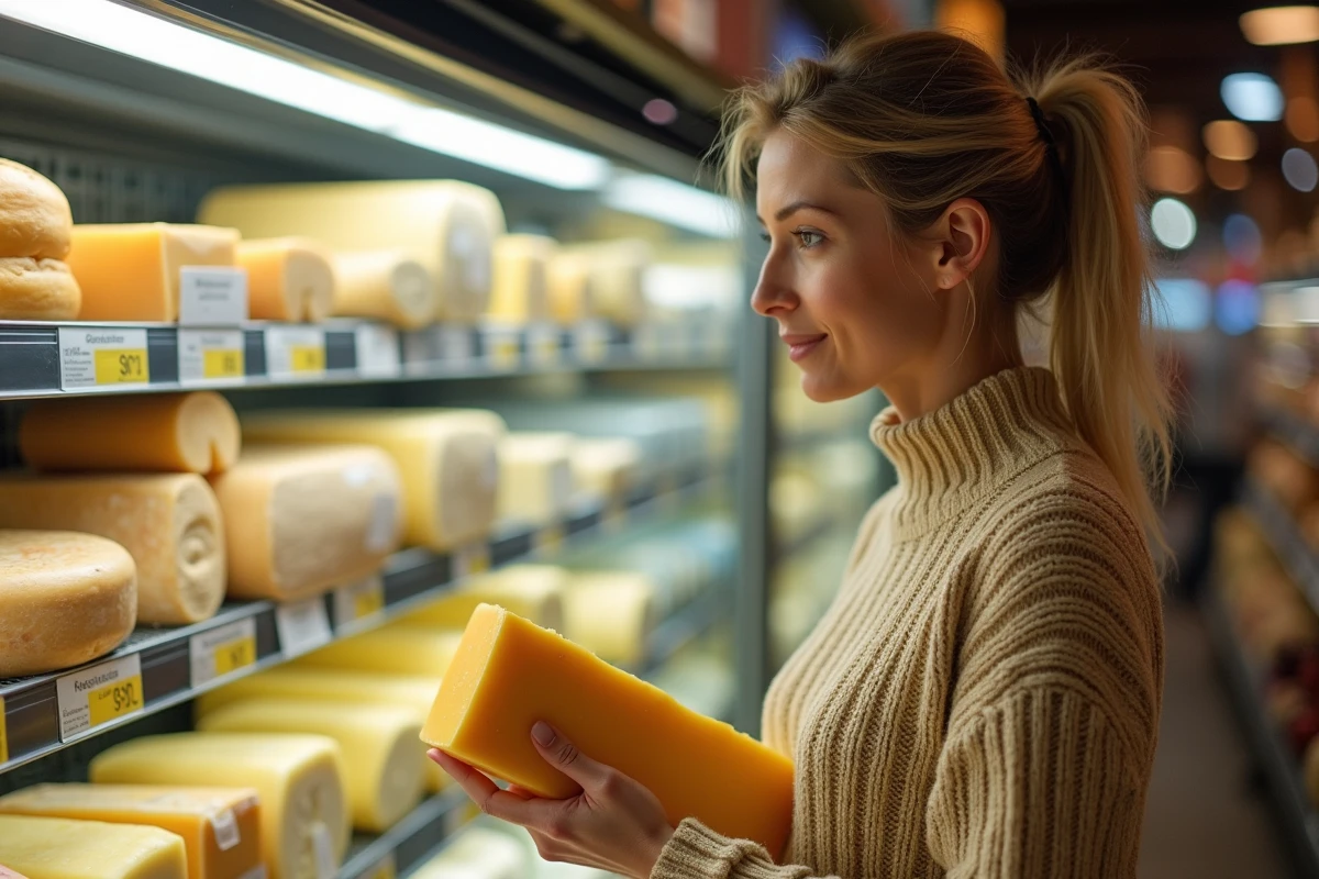 Femme choisissant du fromage à raclette en supermarché pour un repas de groupe