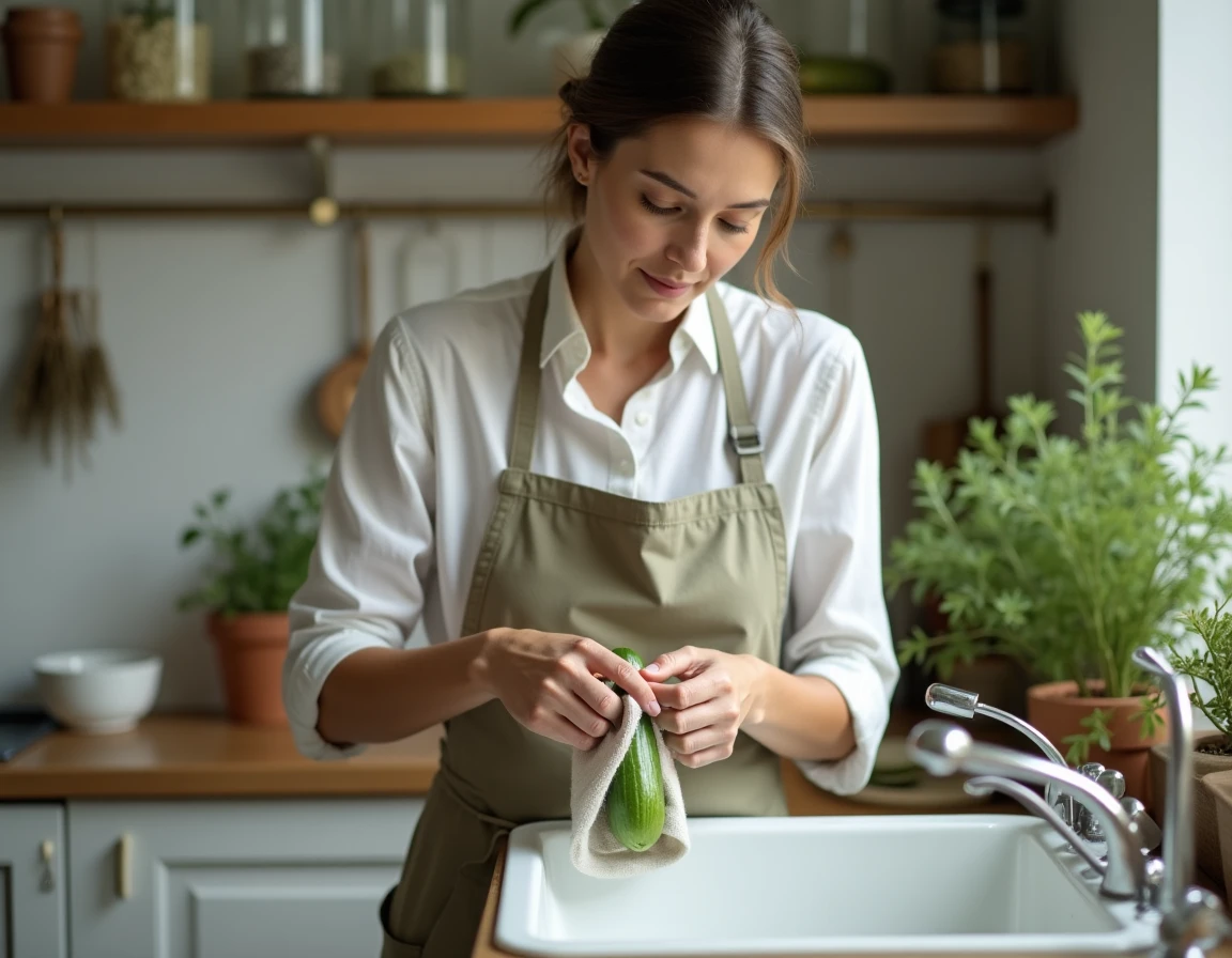 Femme enveloppant un concombre coupé dans un tissu en coton humide dans une cuisine écologique avec étagères en bois