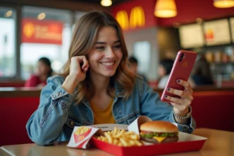 Jeune femme utilisant une application de bons de réduction McDonald's sur son téléphone devant un repas fast food