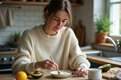 Femme ajoutant de l avocat dans une cuisine rustique