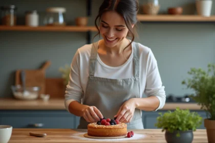 Femme souriante en cuisine préparant un gâteau à l'avoine