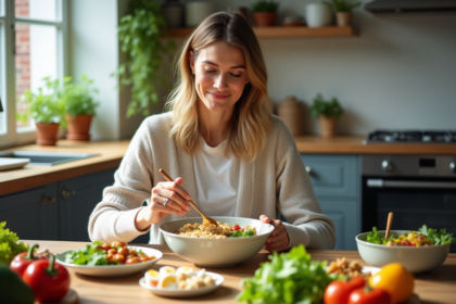 Femme préparant un bol coloré dans une cuisine lumineuse