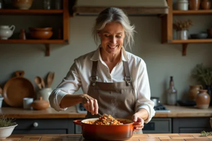 Femme en tablier remuant un cassoulet traditionnel dans une cuisine rustique