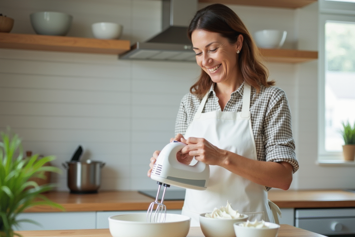 Femme en tablier blanc préparant de la chantilly dans une cuisine lumineuse