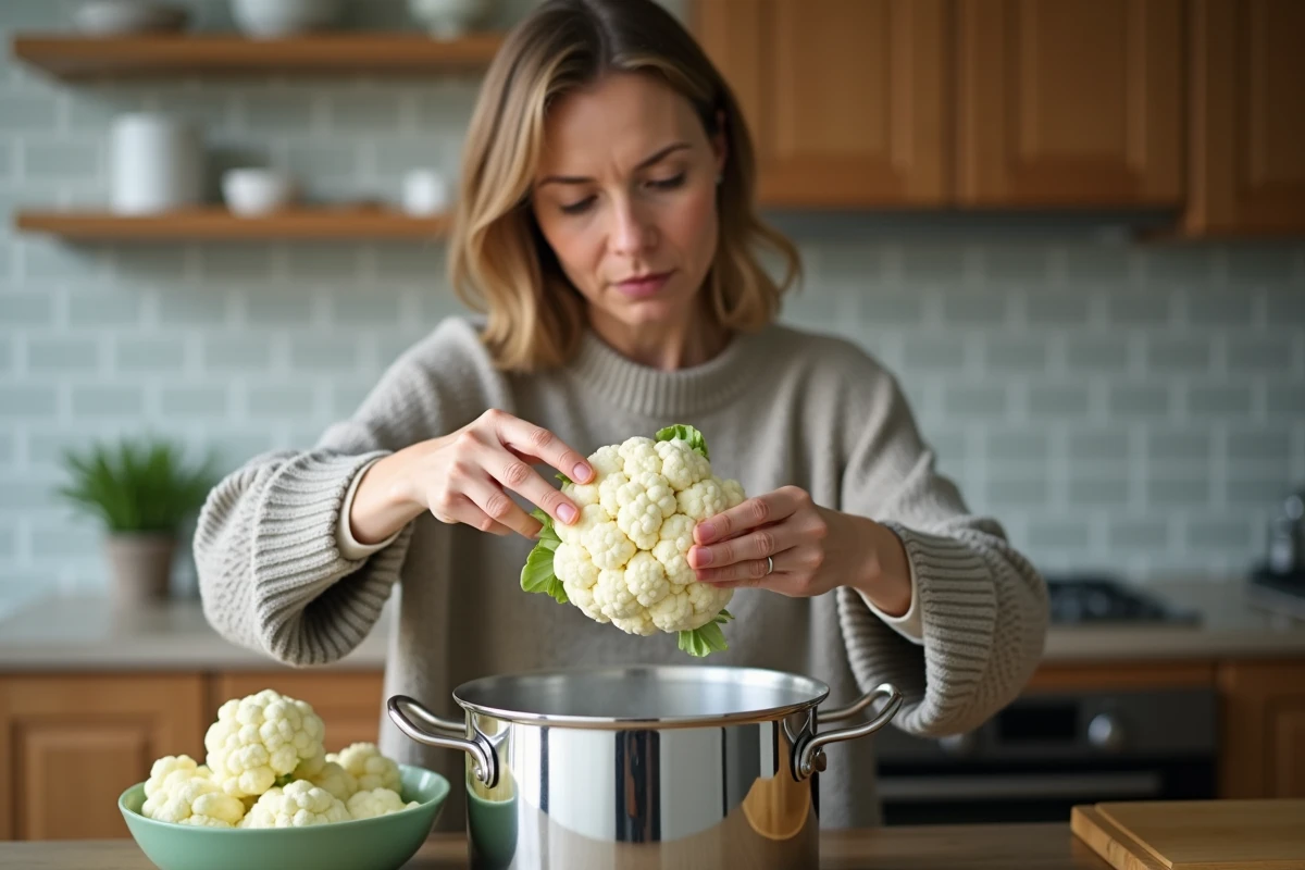 Femme en cuisine déposant du chou-fleur dans une casserole