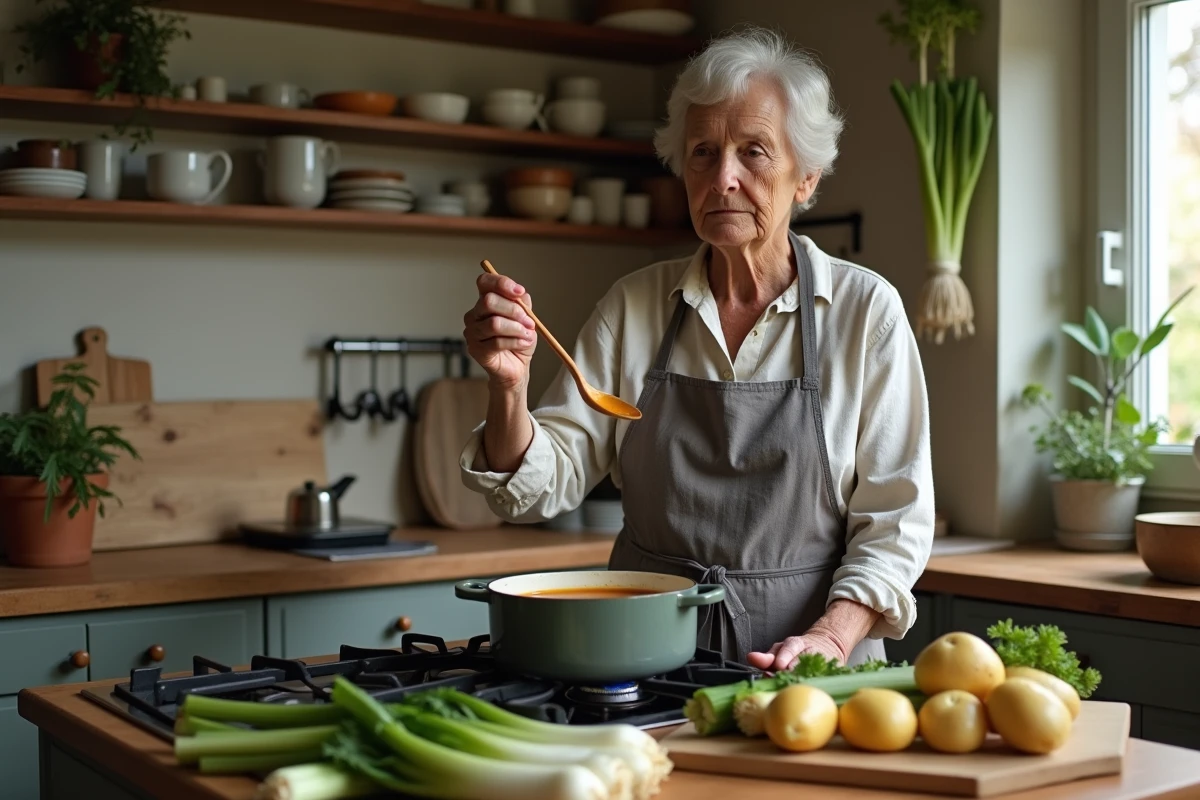 Femme en tablier de lin goûtant le bouillon d'une cocotte de canard aux légumes sur une cuisinière dans une cuisine familiale