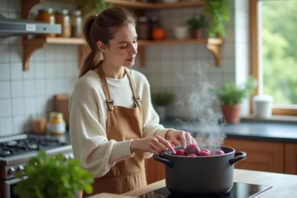 Femme vérifiant une cocotte vapeur avec des betteraves rouges