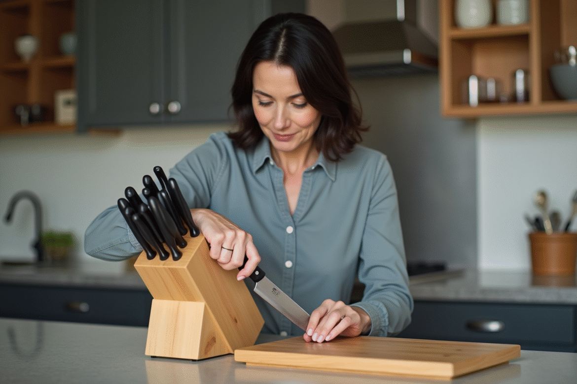 Femme posant un couteau dans un bloc en bois dans la cuisine