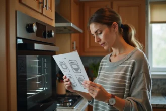 Femme en cuisine avec four convection et livre de recettes