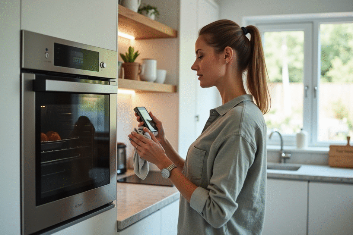 Femme dans la cuisine moderne vérifiant un four vapeur