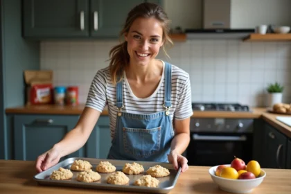 Femme souriante arrangeant des cookies maison dans une cuisine parisienne