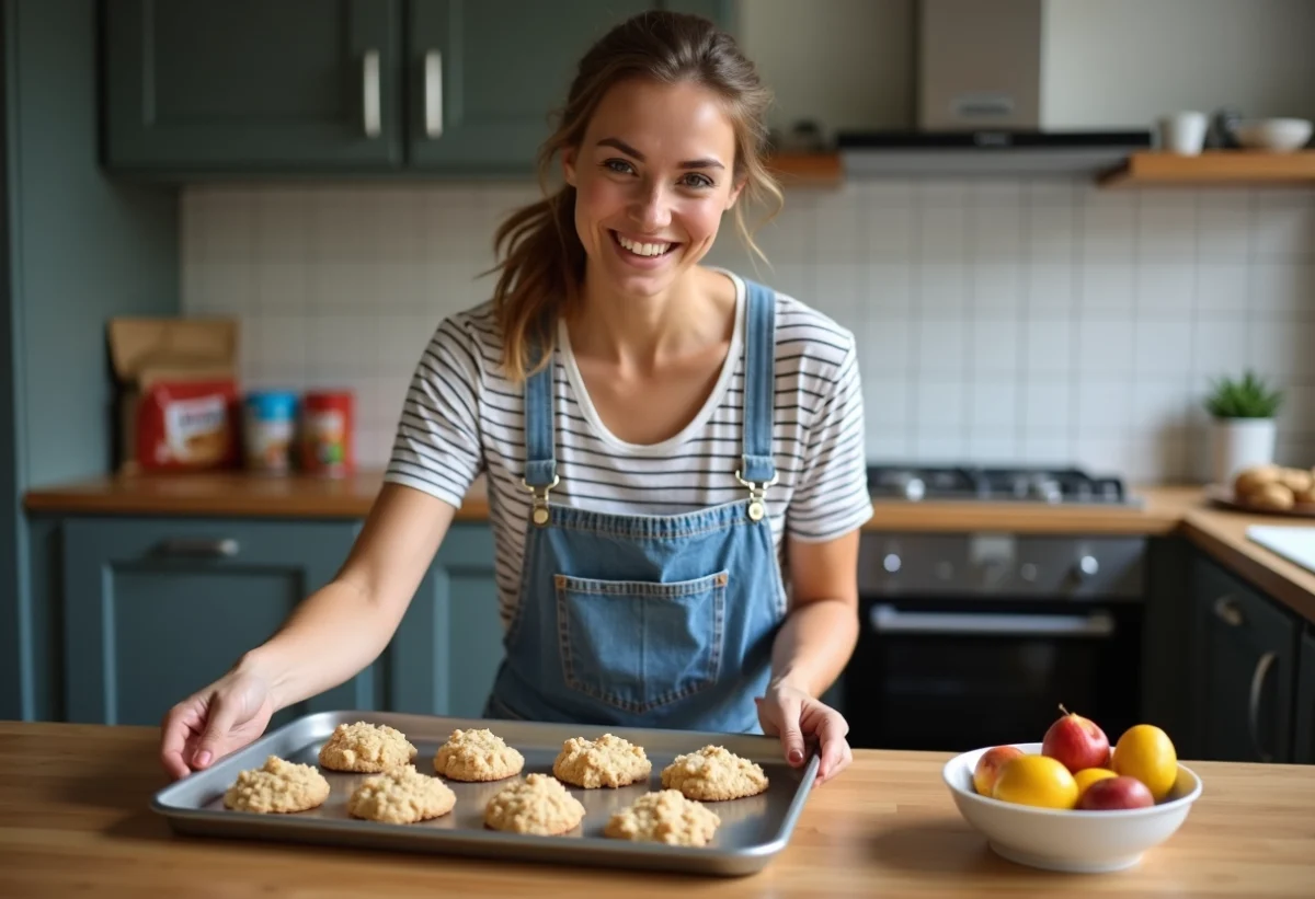 Femme souriante arrangeant des cookies maison dans une cuisine parisienne