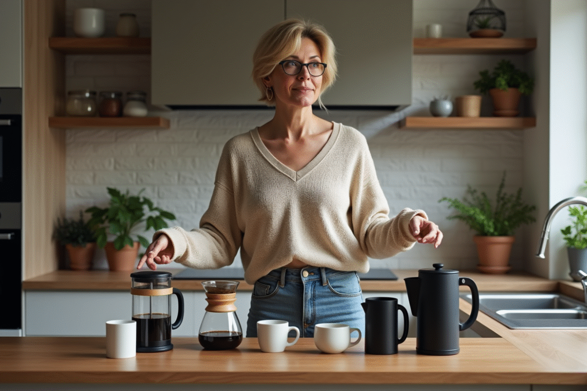 Femme comparant différents appareils à café dans la cuisine