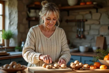 Femme coupant des champignons Charbonnier dans une cuisine chaleureuse