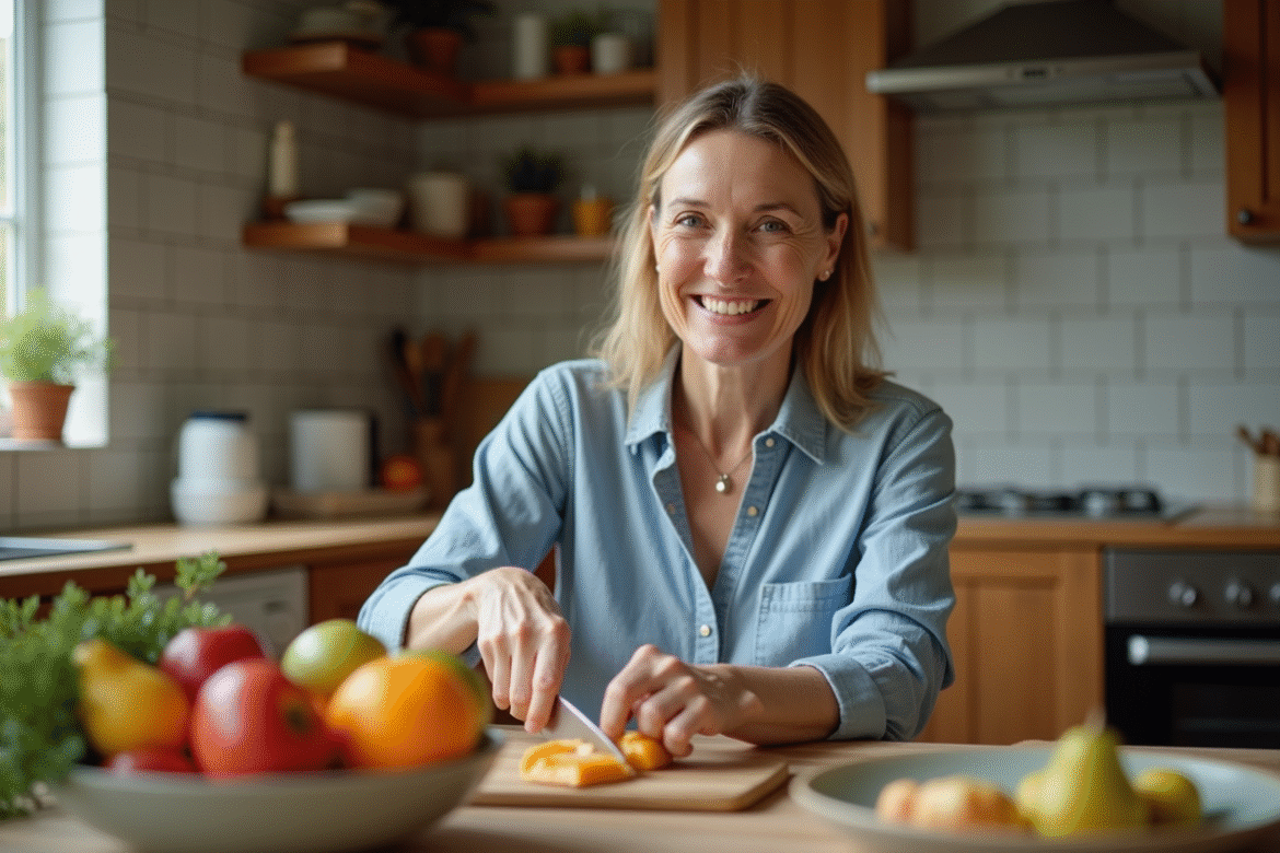 Femme d'âge moyen coupe des fruits dans la cuisine lumineuse