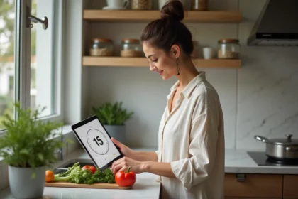 Femme en cuisine avec tablette et légumes frais