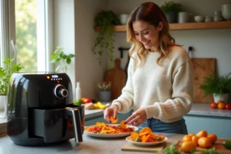 Femme souriante préparant des chips de légumes dans une cuisine lumineuse