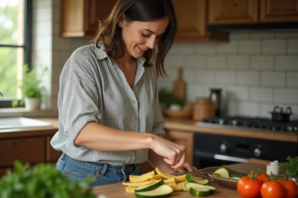 Femme cuisine avec des courgettes croustillantes et une ambiance rustique